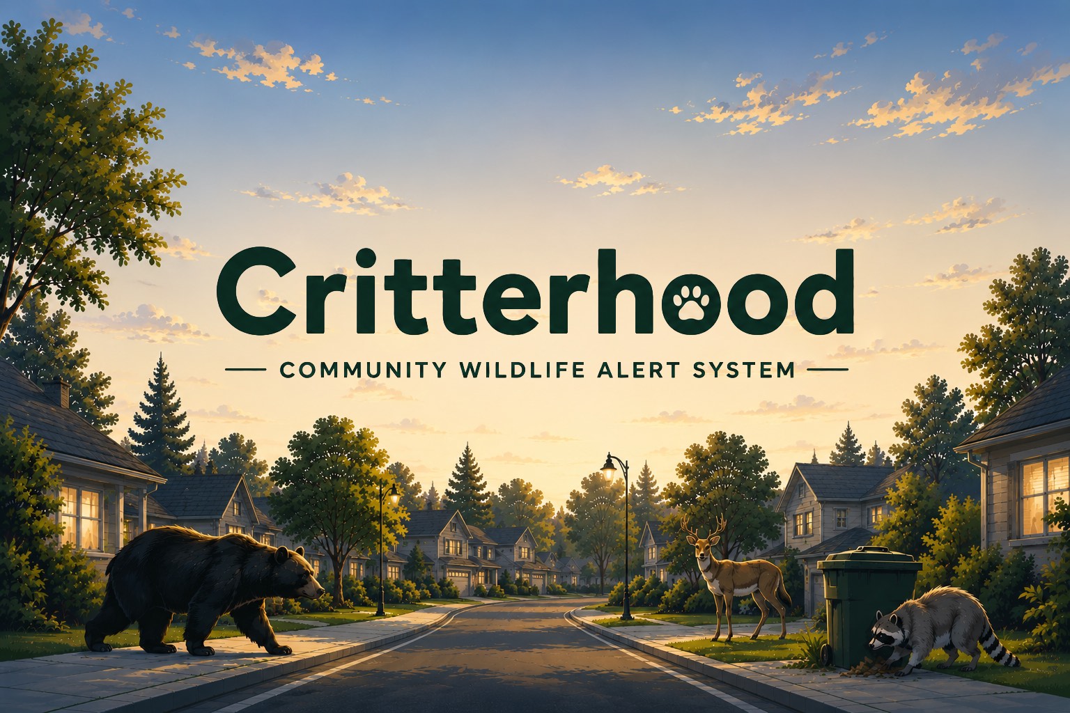Critterhood — Community Wildlife Alert System. Illustration of a bear, deer, and raccoon in a suburban neighbourhood at dusk.